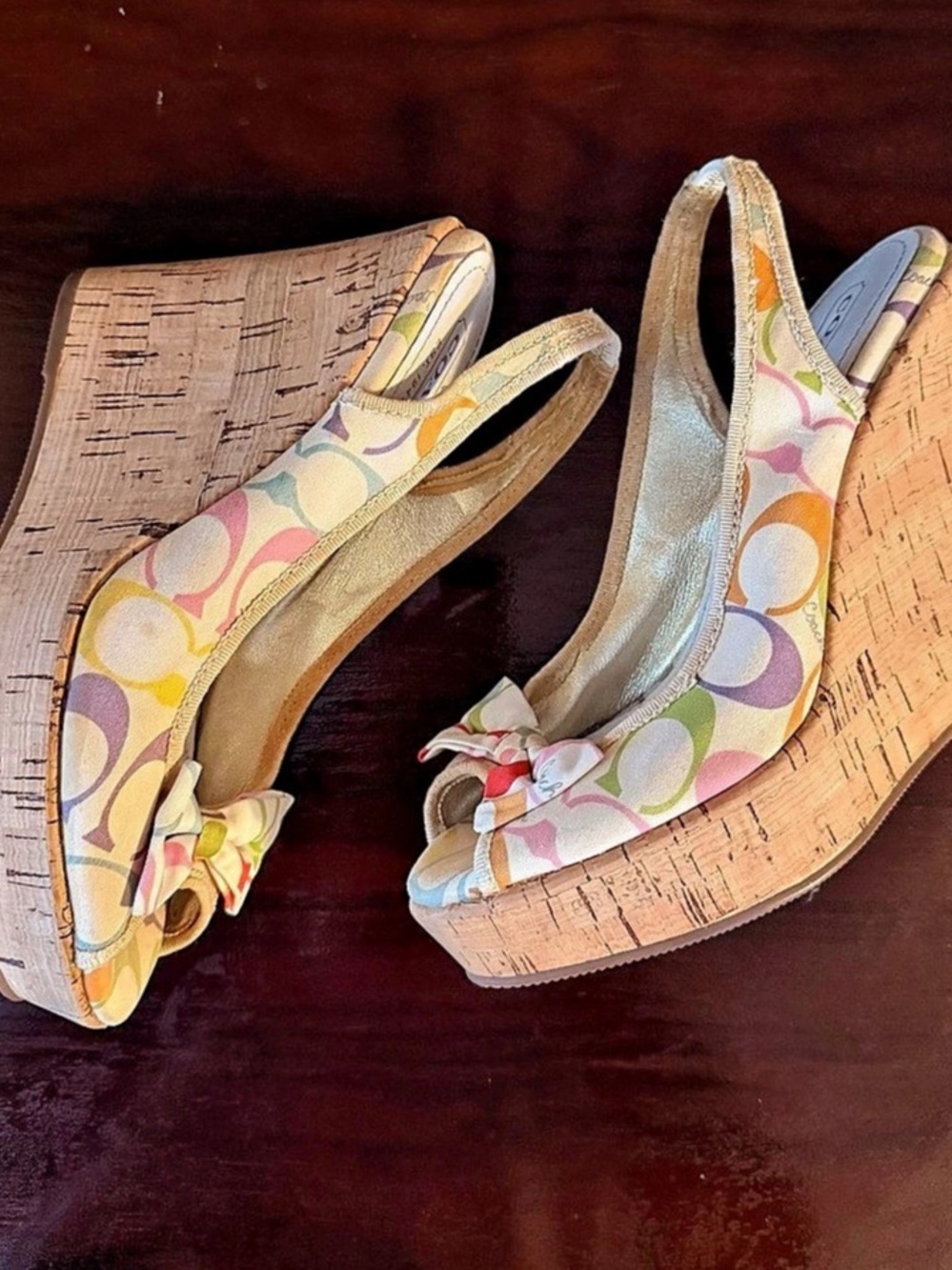 COACH Women’s Canvas Signature Logo Slingback Wedge Peep Toe Bow